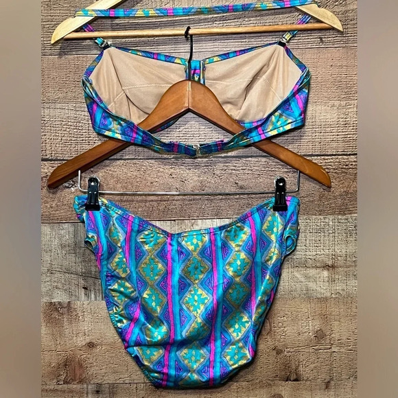 JANTZEN Vintage Metallic Bikini Women’s size 14 HiCut Aztec V-Front - Picture 2 of 13
